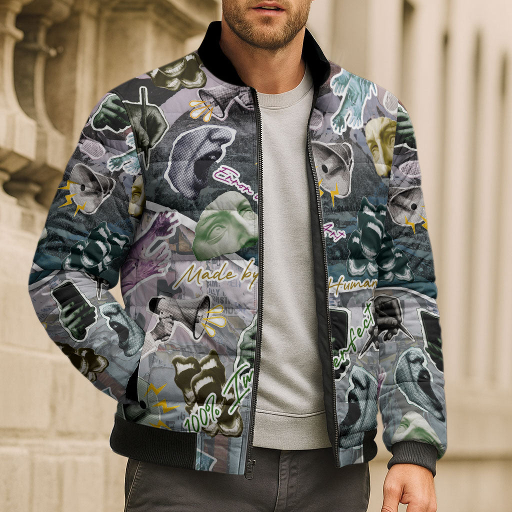 Personalized Made By Human Imperfect Statue Faces Bomber Puffer Jacket Handmade Look Grunge Collage Pop Art
