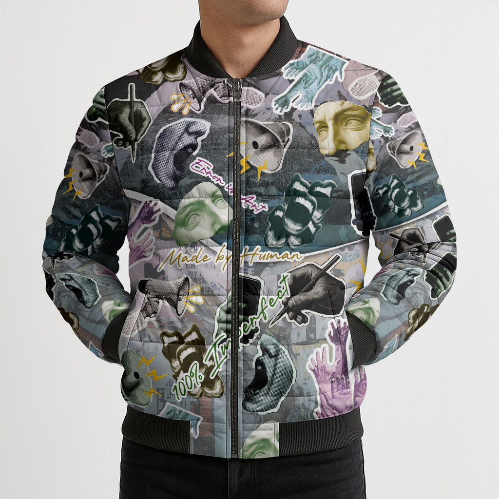 Personalized Made By Human Imperfect Statue Faces Bomber Puffer Jacket Handmade Look Grunge Collage Pop Art