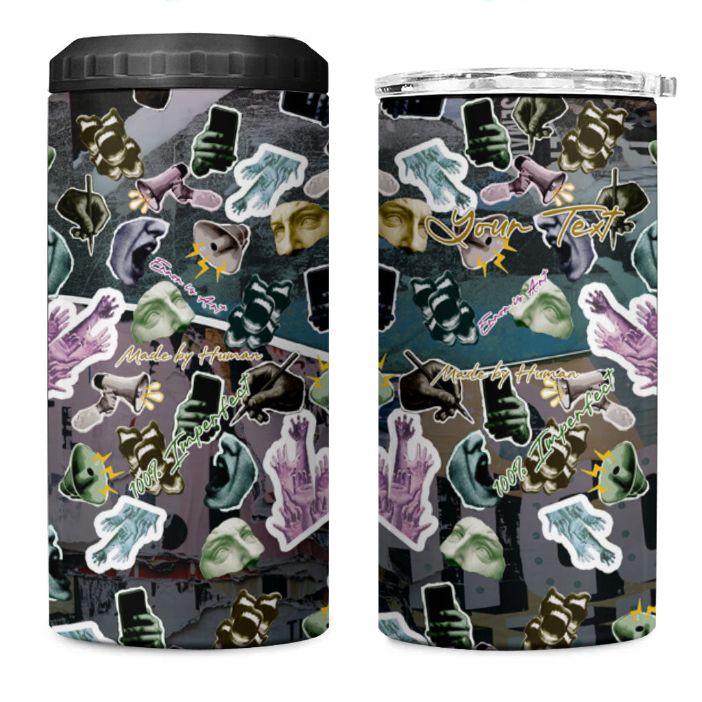 Personalized Made By Human Imperfect Statue Faces 4 in 1 Can Cooler Tumbler Handmade Look Grunge Collage Pop Art