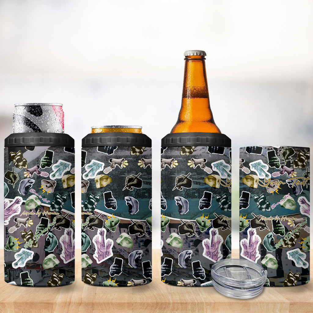 Personalized Made By Human Imperfect Statue Faces 4 in 1 Can Cooler Tumbler Handmade Look Grunge Collage Pop Art