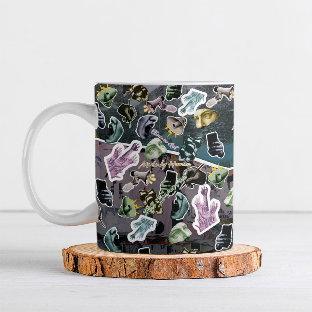 Personalized Made By Human Imperfect Statue Faces Ceramic Mug Handmade Look Grunge Collage Pop Art