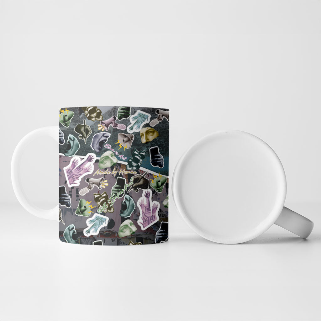 Personalized Made By Human Imperfect Statue Faces Ceramic Mug Handmade Look Grunge Collage Pop Art