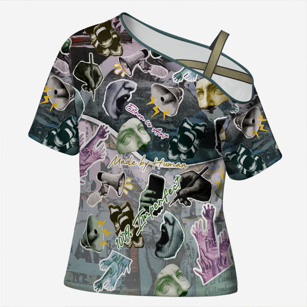 Personalized Made By Human Imperfect Statue Faces Cross Shoulder Shirt Handmade Look Grunge Collage Pop Art
