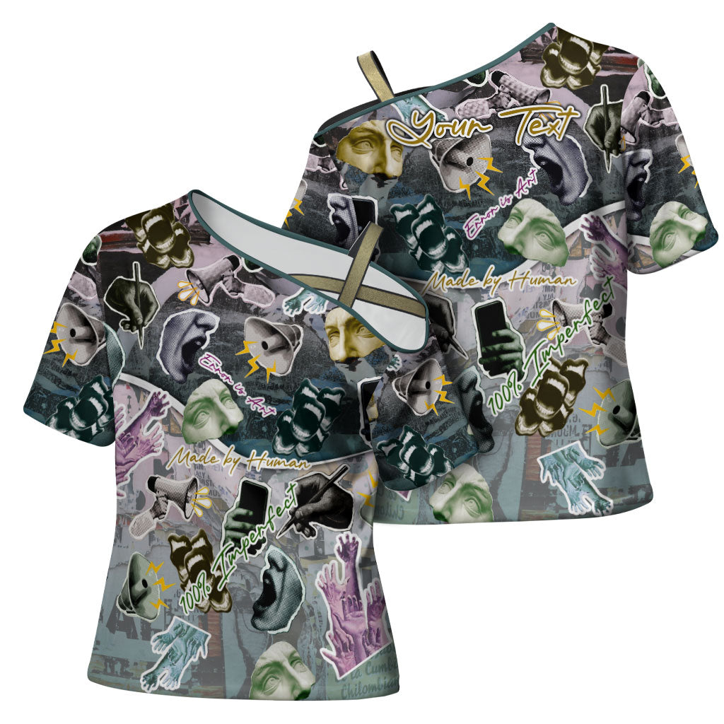 Personalized Made By Human Imperfect Statue Faces Cross Shoulder Shirt Handmade Look Grunge Collage Pop Art