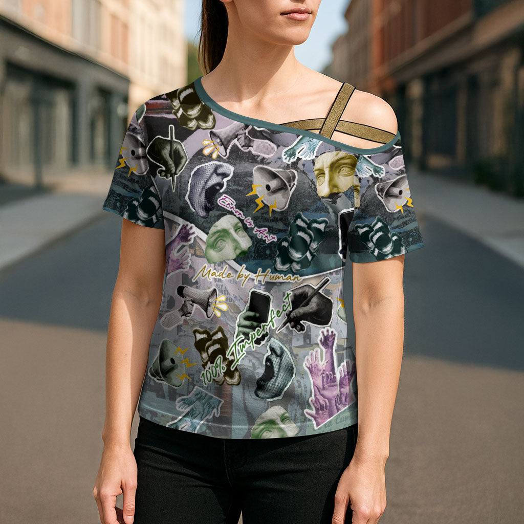 Personalized Made By Human Imperfect Statue Faces Cross Shoulder Shirt Handmade Look Grunge Collage Pop Art