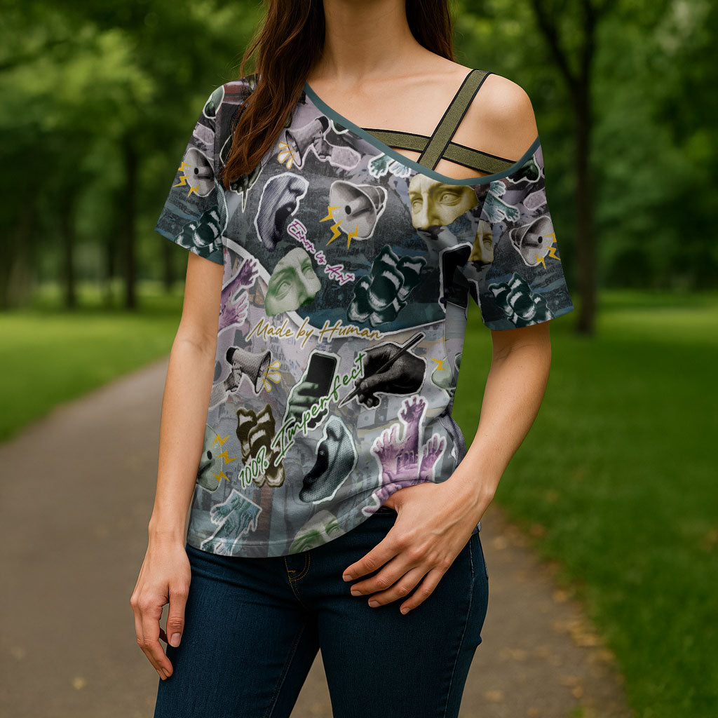 Personalized Made By Human Imperfect Statue Faces Cross Shoulder Shirt Handmade Look Grunge Collage Pop Art