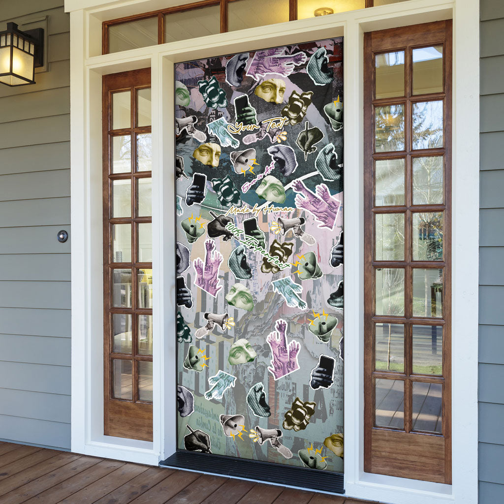 Personalized Made By Human Imperfect Statue Faces Door Cover Handmade Look Grunge Collage Pop Art
