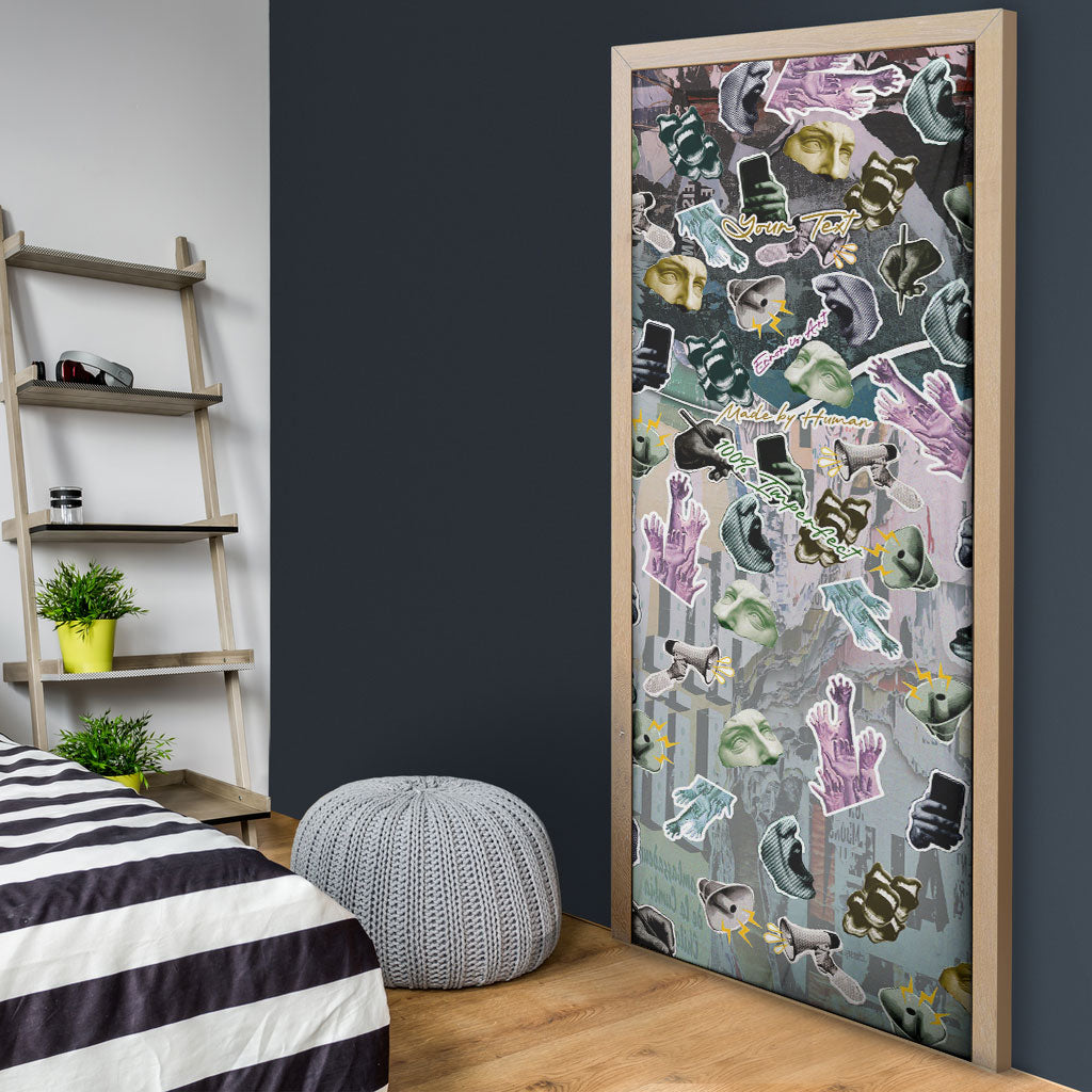 Personalized Made By Human Imperfect Statue Faces Door Cover Handmade Look Grunge Collage Pop Art