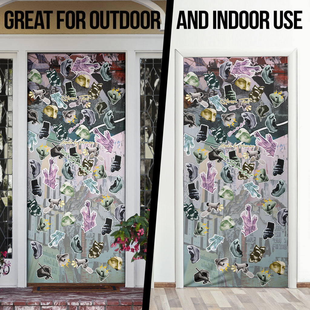 Personalized Made By Human Imperfect Statue Faces Door Cover Handmade Look Grunge Collage Pop Art