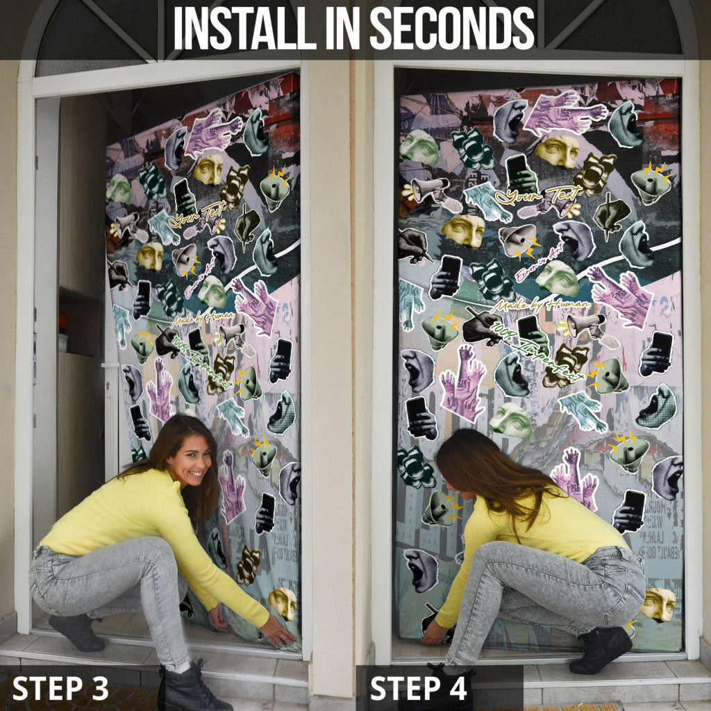 Personalized Made By Human Imperfect Statue Faces Door Cover Handmade Look Grunge Collage Pop Art