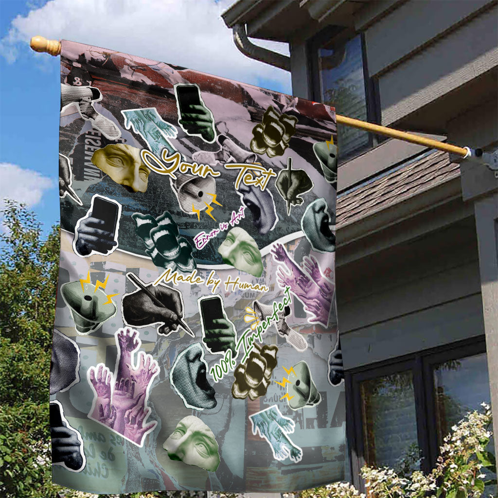Personalized Made By Human Imperfect Statue Faces Garden Flag Handmade Look Grunge Collage Pop Art