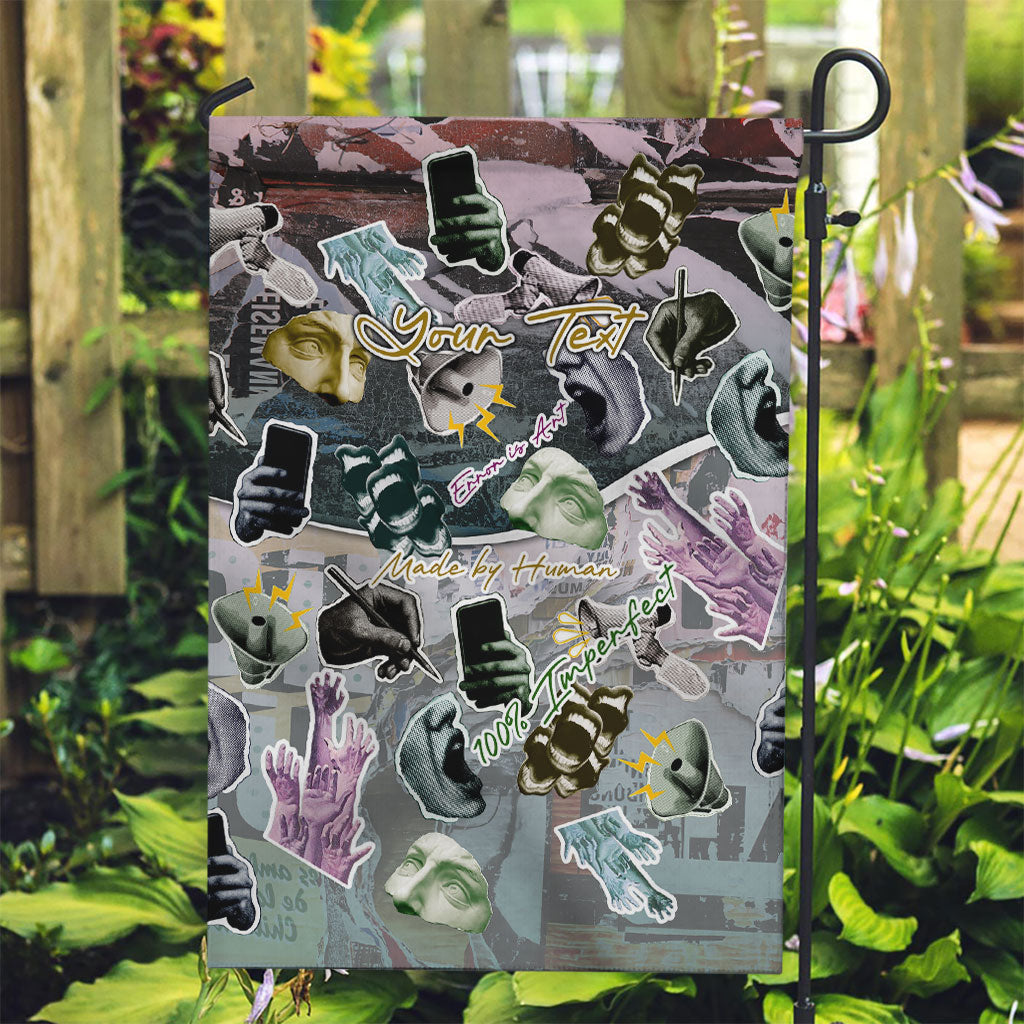 Personalized Made By Human Imperfect Statue Faces Garden Flag Handmade Look Grunge Collage Pop Art