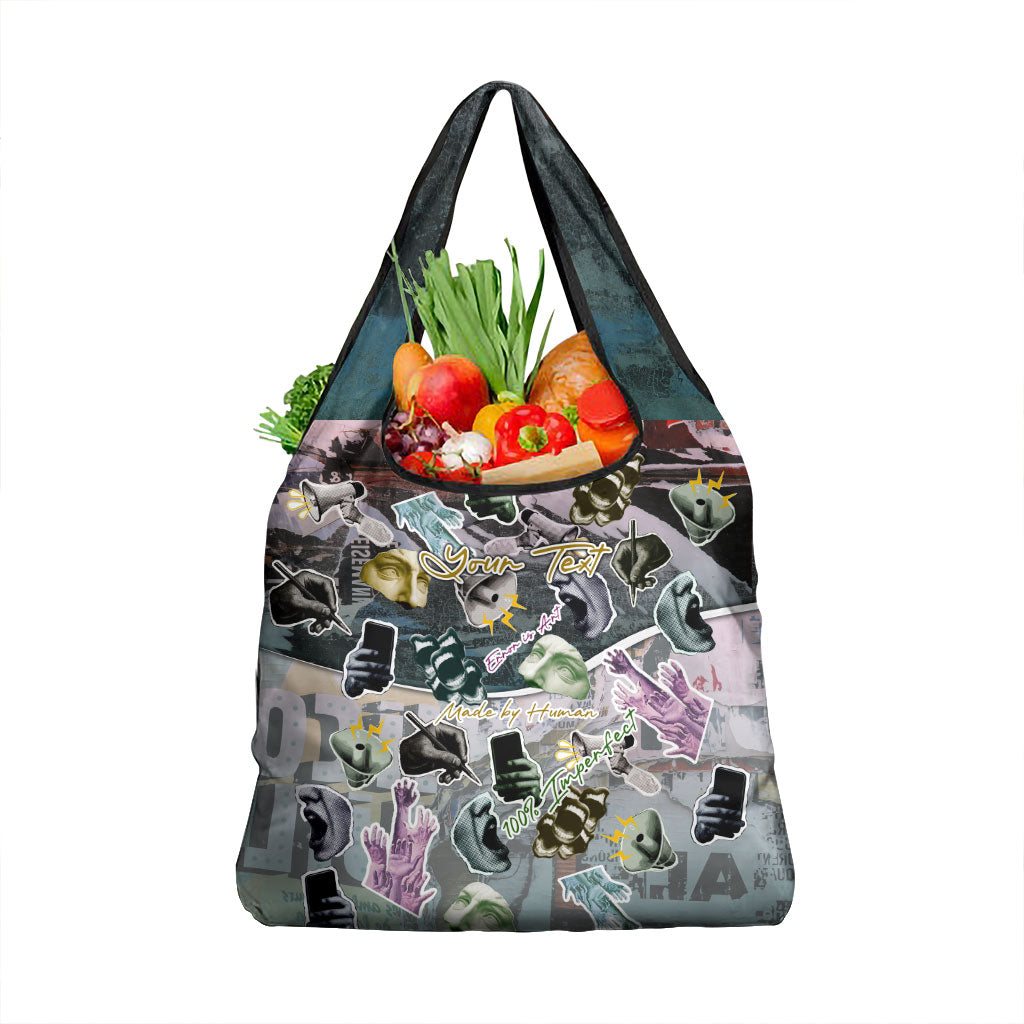 Personalized Made By Human Imperfect Statue Faces Grocery Bag Handmade Look Grunge Collage Pop Art