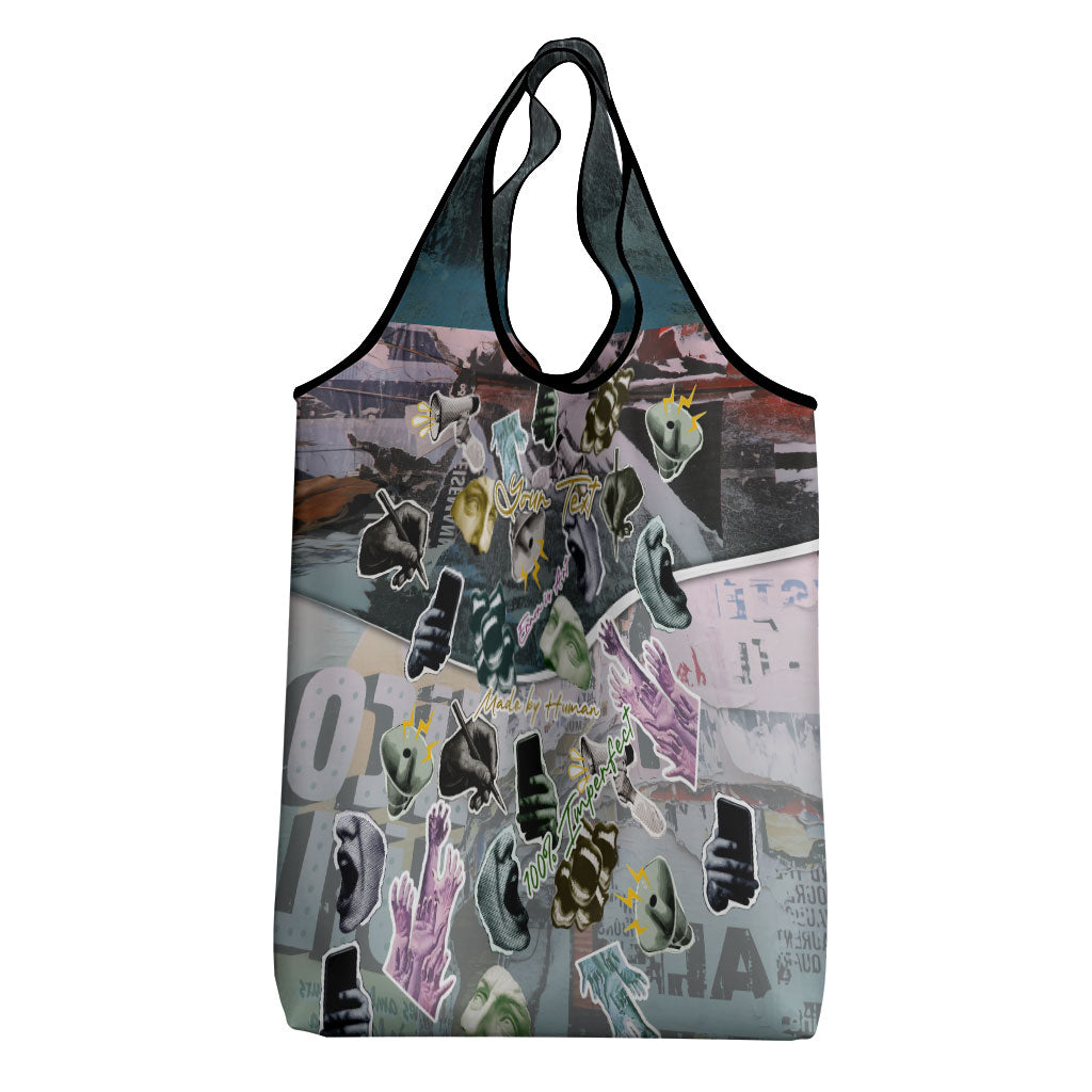 Personalized Made By Human Imperfect Statue Faces Grocery Bag Handmade Look Grunge Collage Pop Art