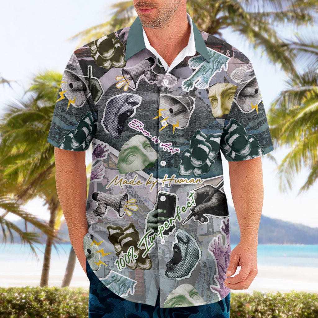 Personalized Made By Human Imperfect Statue Faces Hawaiian Shirt Handmade Look Grunge Collage Pop Art