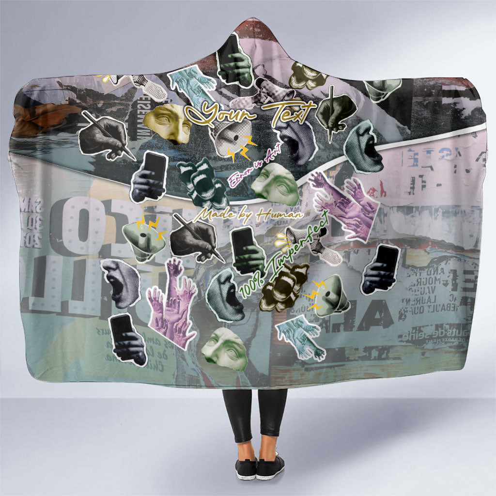 Personalized Made By Human Imperfect Statue Faces Hooded Blanket Handmade Look Grunge Collage Pop Art