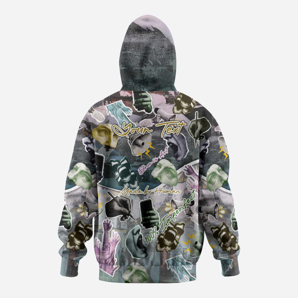 Personalized Made By Human Imperfect Statue Faces Hoodie Handmade Look Grunge Collage Pop Art