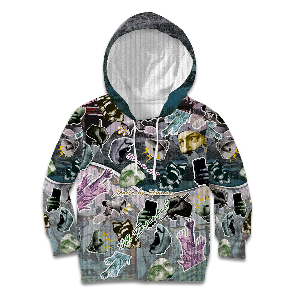 Personalized Made By Human Imperfect Statue Faces Kid Hoodie Handmade Look Grunge Collage Pop Art