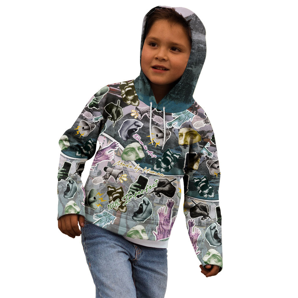 Personalized Made By Human Imperfect Statue Faces Kid Hoodie Handmade Look Grunge Collage Pop Art