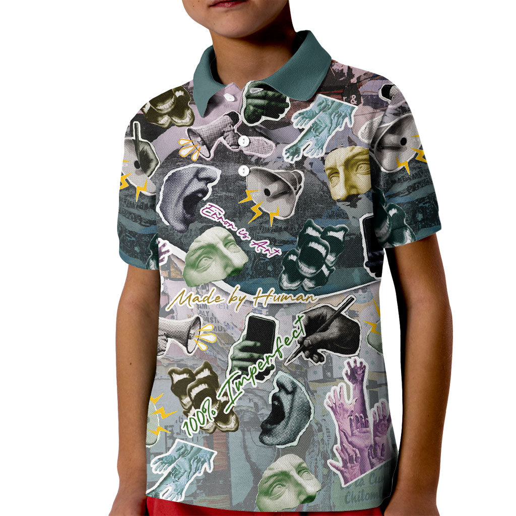 Personalized Made By Human Imperfect Statue Faces Kid Polo Shirt Handmade Look Grunge Collage Pop Art