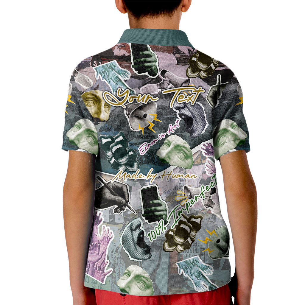 Personalized Made By Human Imperfect Statue Faces Kid Polo Shirt Handmade Look Grunge Collage Pop Art