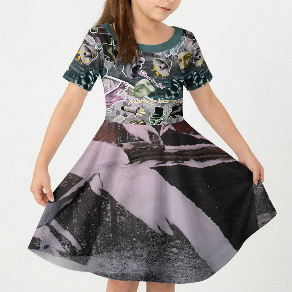 Personalized Made By Human Imperfect Statue Faces Kid Short Sleeve Dress Handmade Look Grunge Collage Pop Art