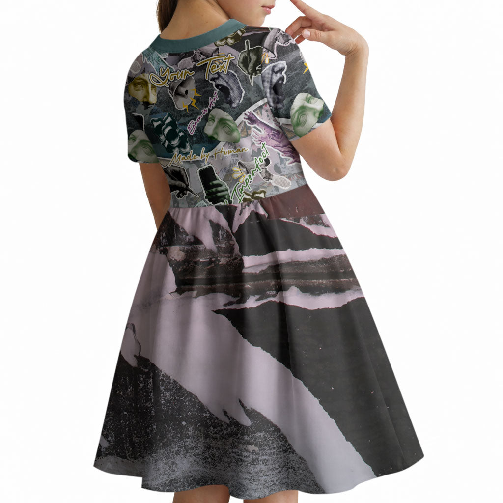 Personalized Made By Human Imperfect Statue Faces Kid Short Sleeve Dress Handmade Look Grunge Collage Pop Art