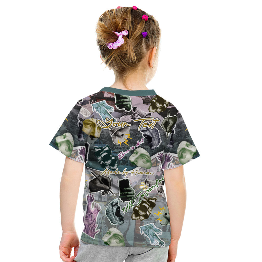 Personalized Made By Human Imperfect Statue Faces Kid T Shirt Handmade Look Grunge Collage Pop Art