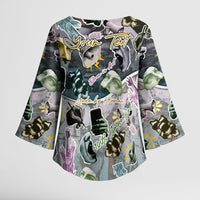 Personalized Made By Human Imperfect Statue Faces Kimono Sleeve Blouse Handmade Look Grunge Collage Pop Art
