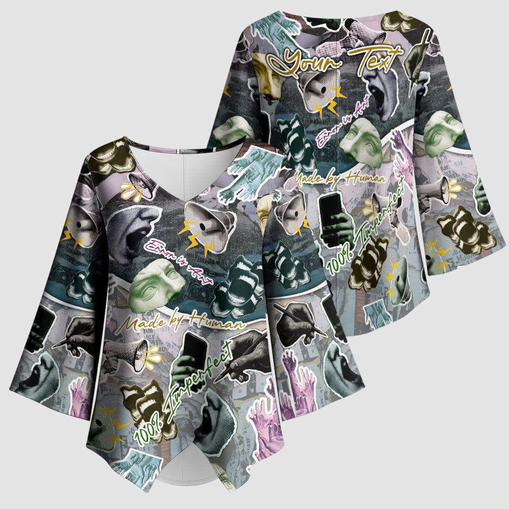 Personalized Made By Human Imperfect Statue Faces Kimono Sleeve Blouse Handmade Look Grunge Collage Pop Art