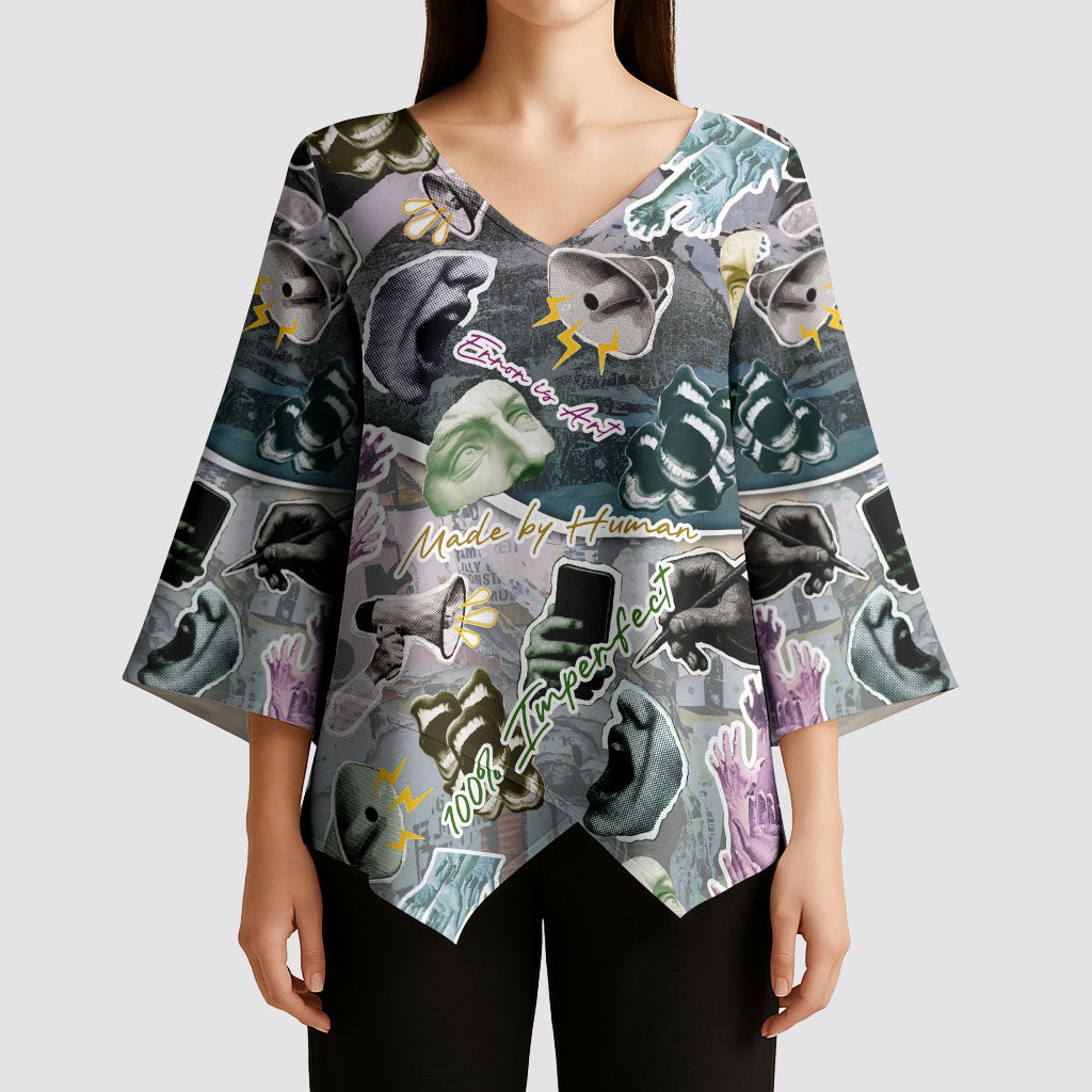 Personalized Made By Human Imperfect Statue Faces Kimono Sleeve Blouse Handmade Look Grunge Collage Pop Art