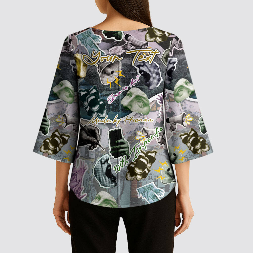Personalized Made By Human Imperfect Statue Faces Kimono Sleeve Blouse Handmade Look Grunge Collage Pop Art