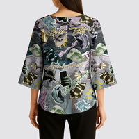 Personalized Made By Human Imperfect Statue Faces Kimono Sleeve Blouse Handmade Look Grunge Collage Pop Art