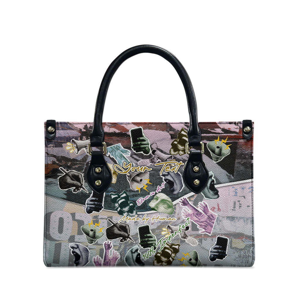 Personalized Made By Human Imperfect Statue Faces Leather Bag Handmade Look Grunge Collage Pop Art