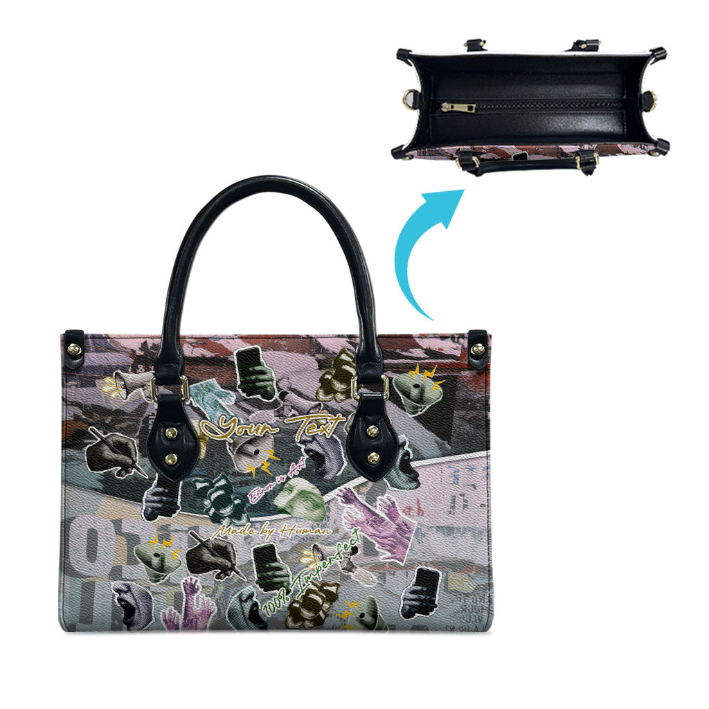 Personalized Made By Human Imperfect Statue Faces Leather Bag Handmade Look Grunge Collage Pop Art
