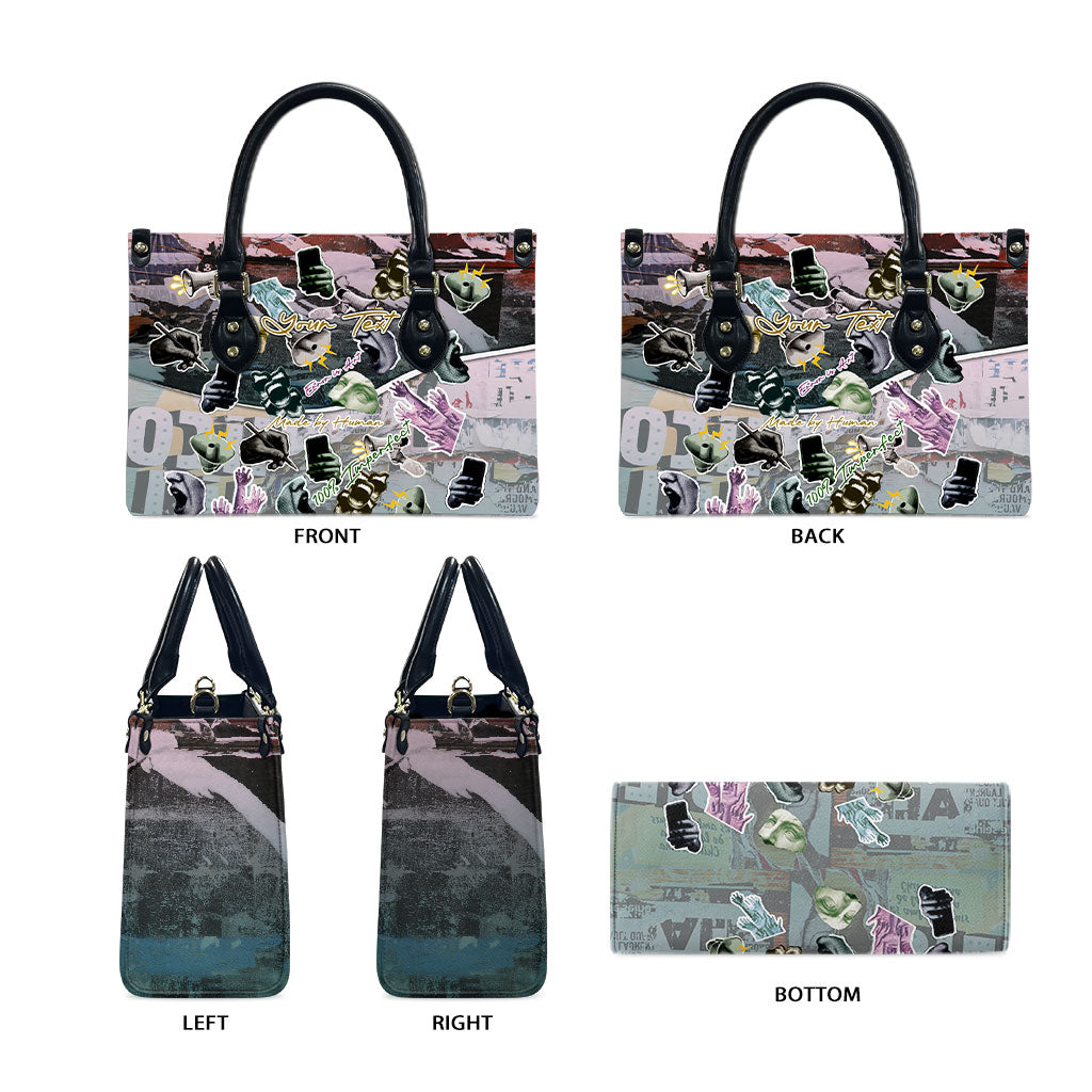Personalized Made By Human Imperfect Statue Faces Leather Bag Handmade Look Grunge Collage Pop Art
