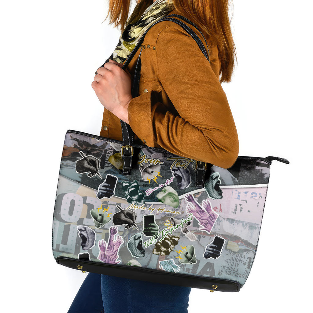 Personalized Made By Human Imperfect Statue Faces Leather Tote Bag Handmade Look Grunge Collage Pop Art
