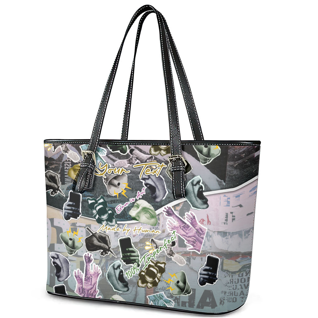 Personalized Made By Human Imperfect Statue Faces Leather Tote Bag Handmade Look Grunge Collage Pop Art