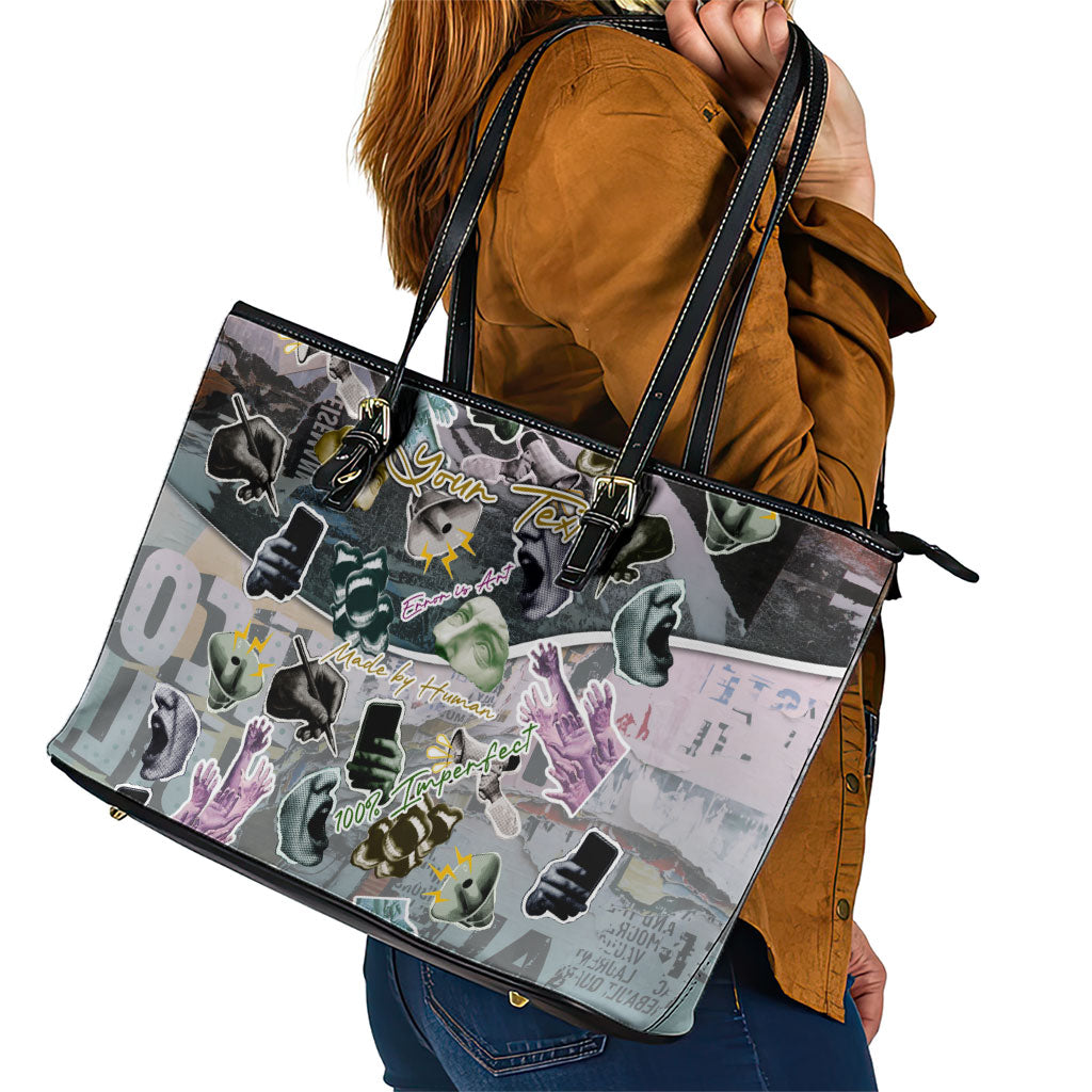 Personalized Made By Human Imperfect Statue Faces Leather Tote Bag Handmade Look Grunge Collage Pop Art