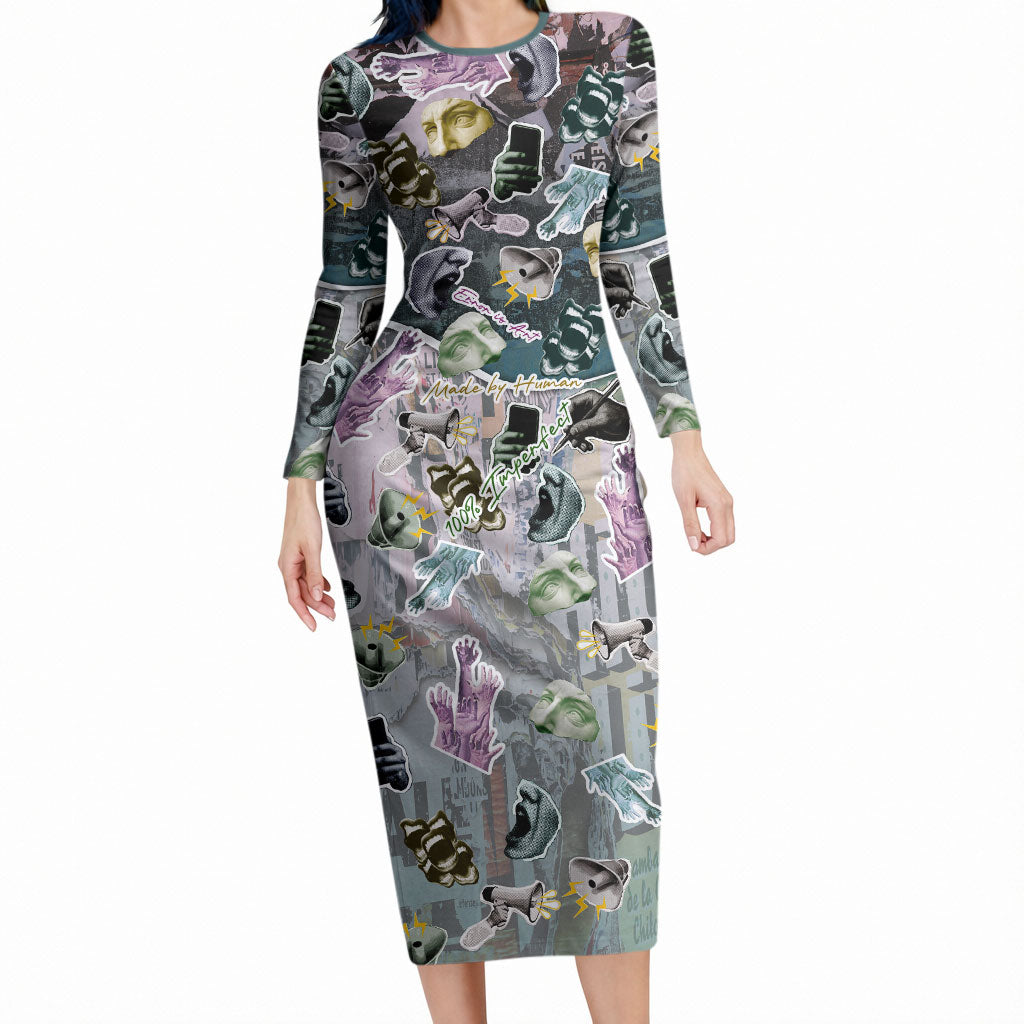 Personalized Made By Human Imperfect Statue Faces Long Sleeve Bodycon Dress Handmade Look Grunge Collage Pop Art