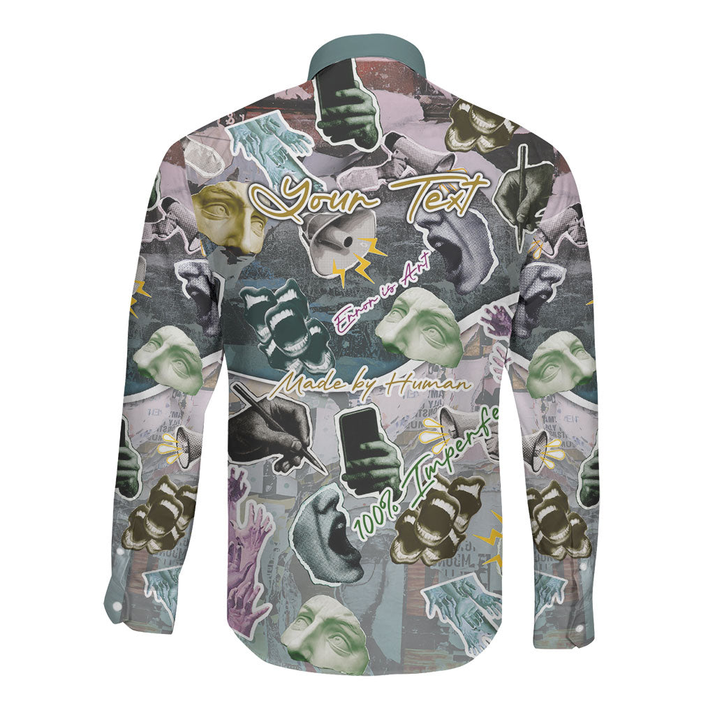 Personalized Made By Human Imperfect Statue Faces Long Sleeve Button Shirt Handmade Look Grunge Collage Pop Art