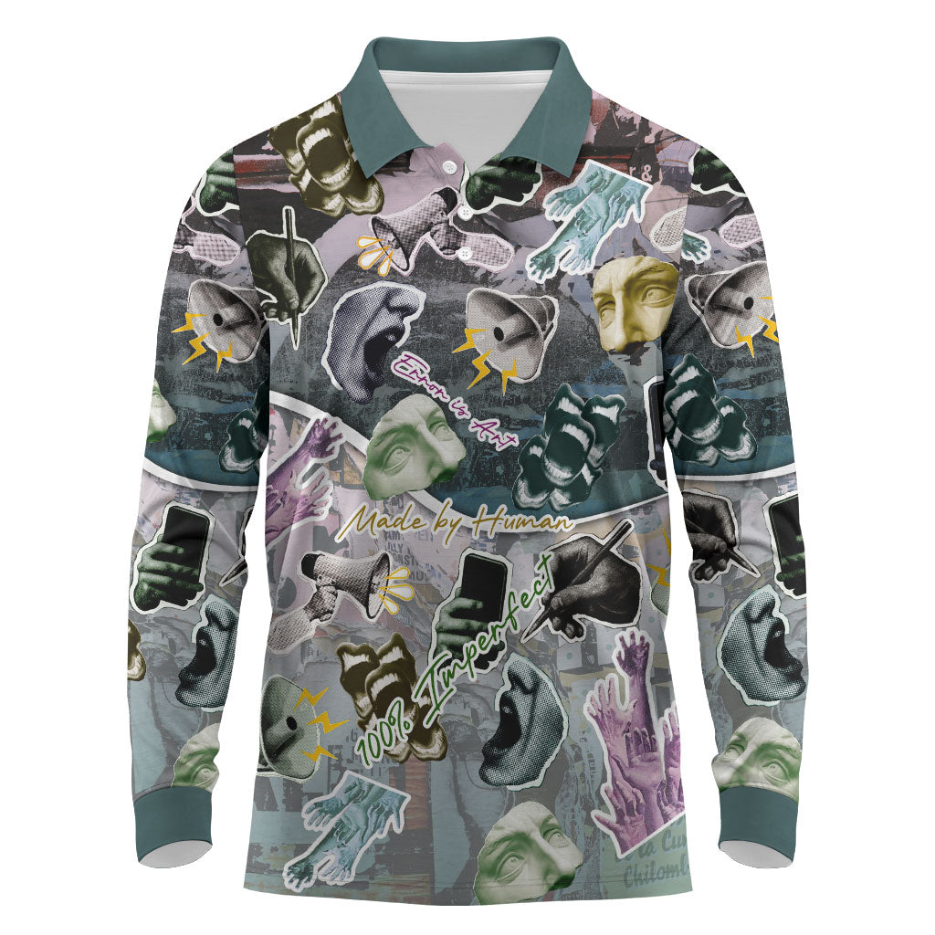 Personalized Made By Human Imperfect Statue Faces Long Sleeve Polo Shirt Handmade Look Grunge Collage Pop Art