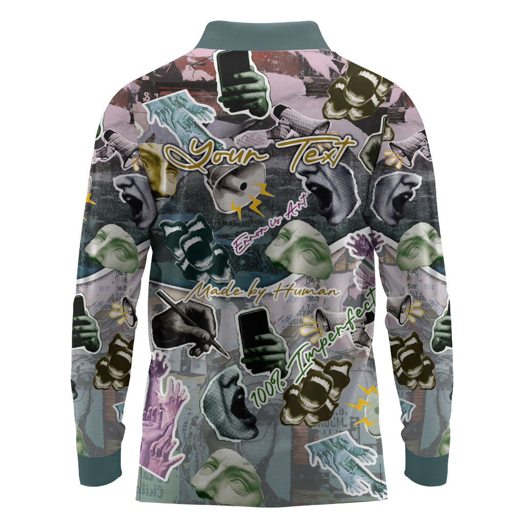 Personalized Made By Human Imperfect Statue Faces Long Sleeve Polo Shirt Handmade Look Grunge Collage Pop Art
