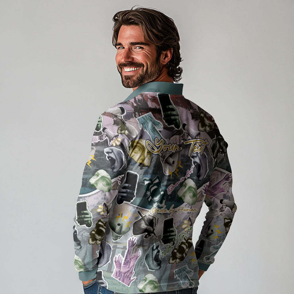 Personalized Made By Human Imperfect Statue Faces Long Sleeve Polo Shirt Handmade Look Grunge Collage Pop Art