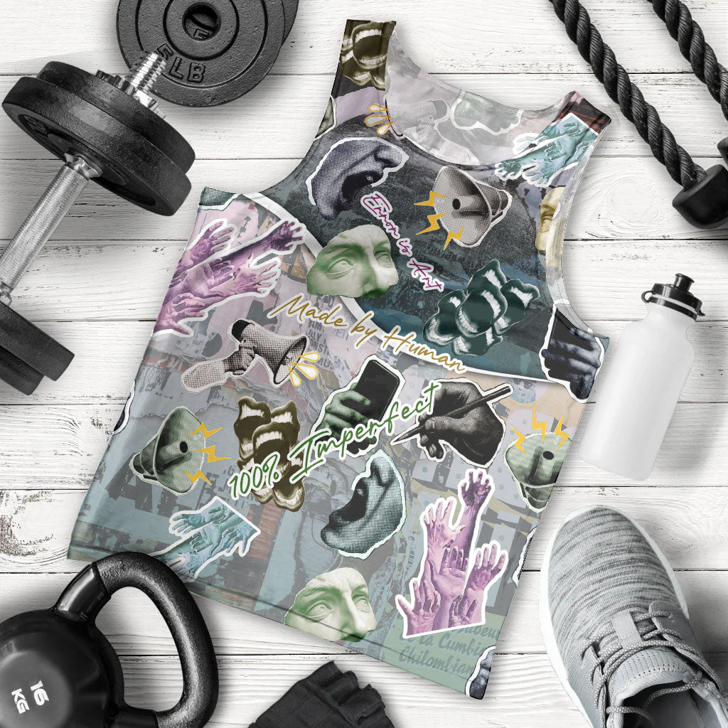 Personalized Made By Human Imperfect Statue Faces Men Tank Top Handmade Look Grunge Collage Pop Art