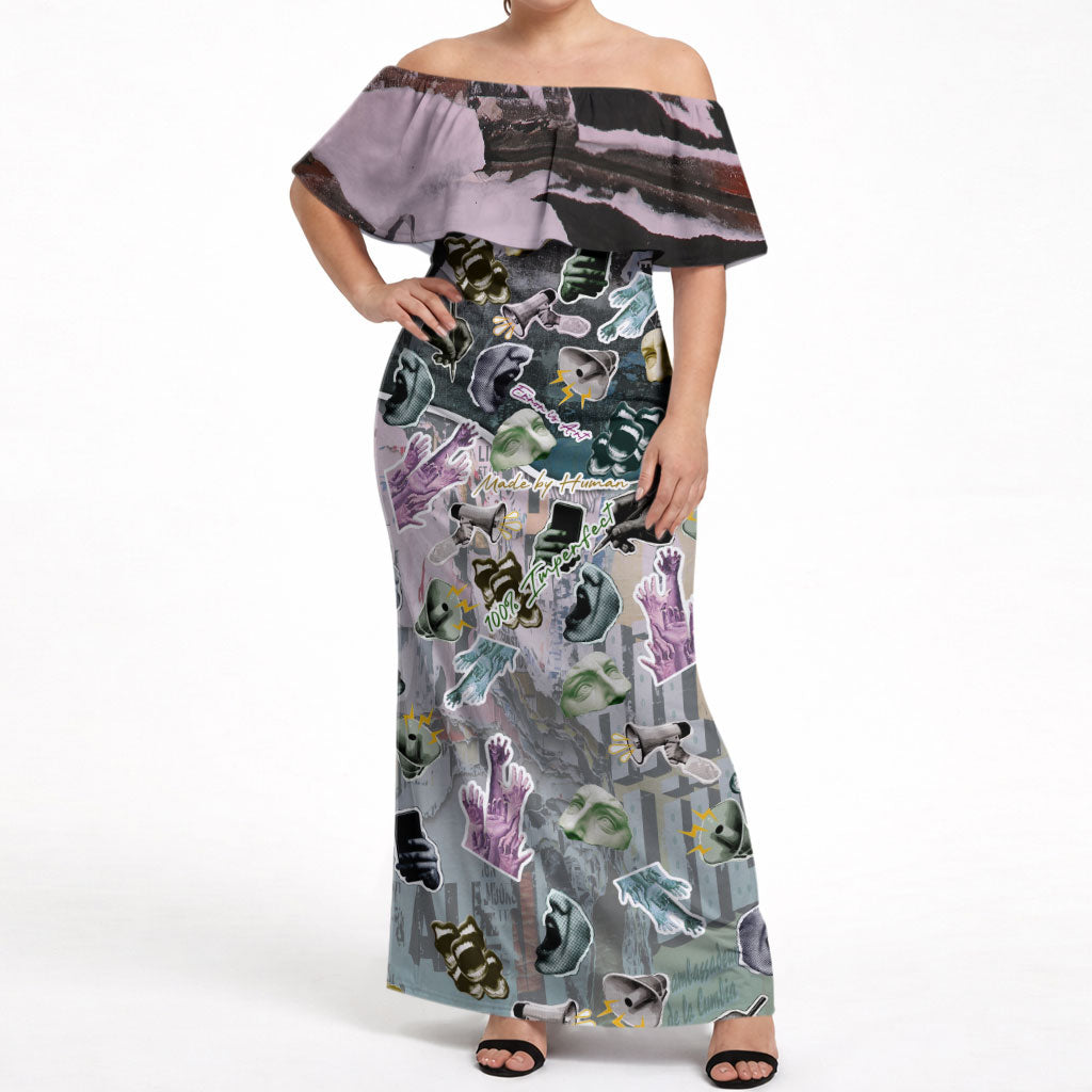 Personalized Made By Human Imperfect Statue Faces Off Shoulder Maxi Dress Handmade Look Grunge Collage Pop Art