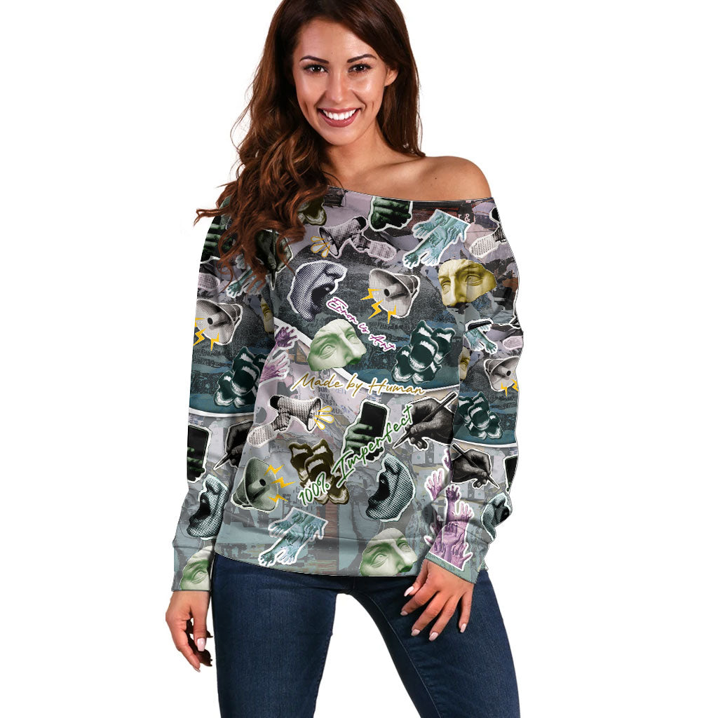 Personalized Made By Human Imperfect Statue Faces Off Shoulder Sweater Handmade Look Grunge Collage Pop Art