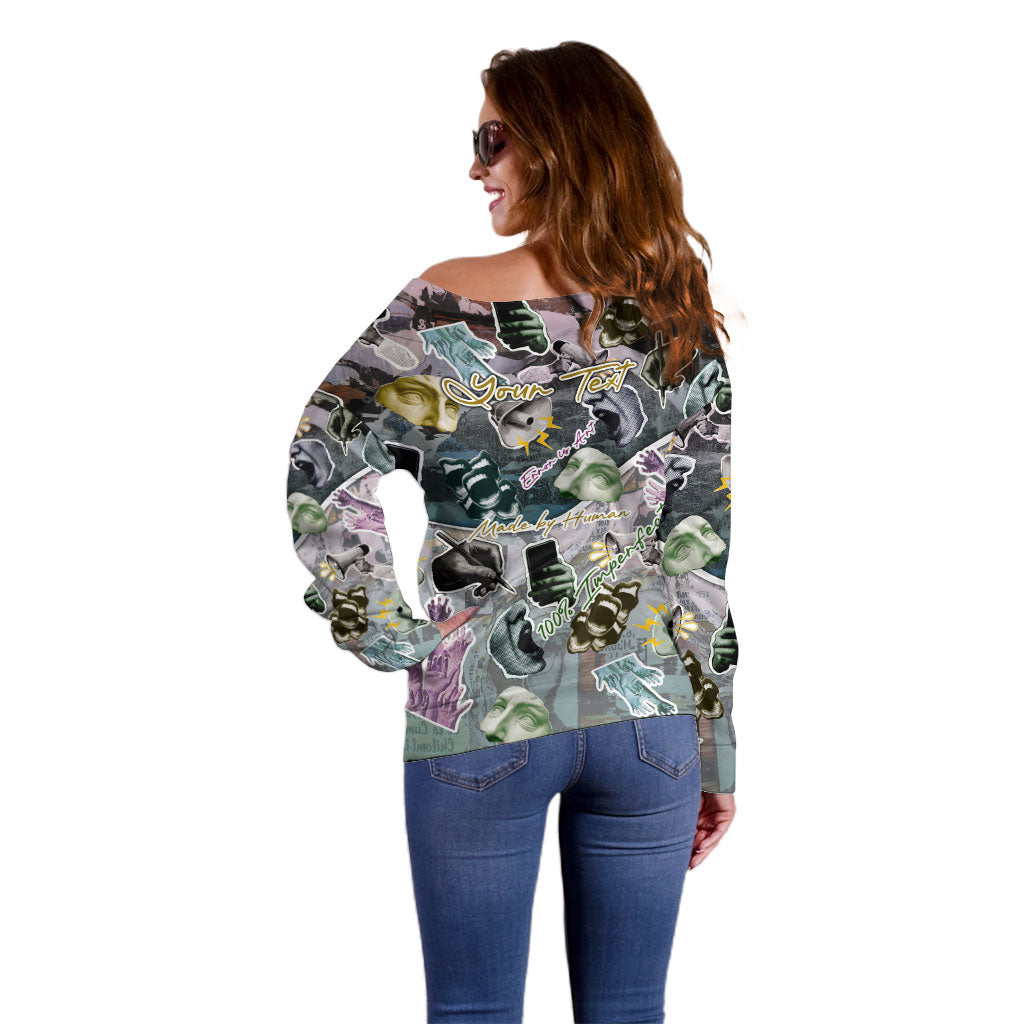 Personalized Made By Human Imperfect Statue Faces Off Shoulder Sweater Handmade Look Grunge Collage Pop Art