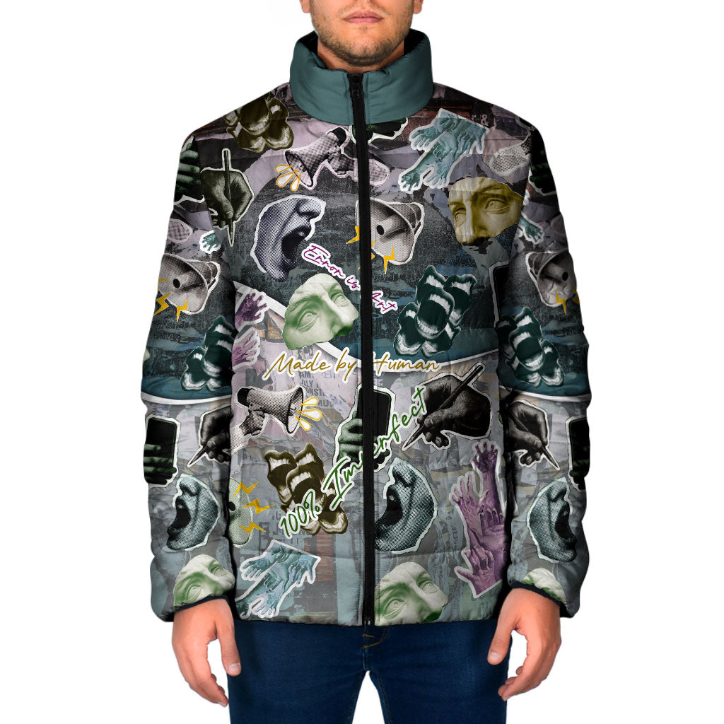 Personalized Made By Human Imperfect Statue Faces Padded Jacket Handmade Look Grunge Collage Pop Art