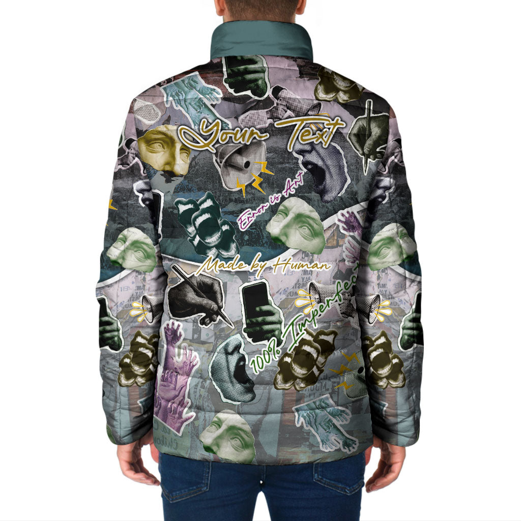 Personalized Made By Human Imperfect Statue Faces Padded Jacket Handmade Look Grunge Collage Pop Art